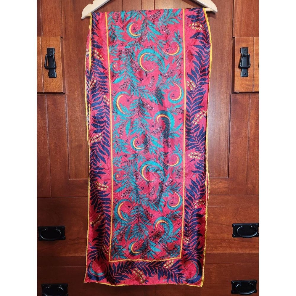 Vintage Perry Ellis Silk Scarf Multicolored Teal, Purple Yellow, Fuchsia Leaf